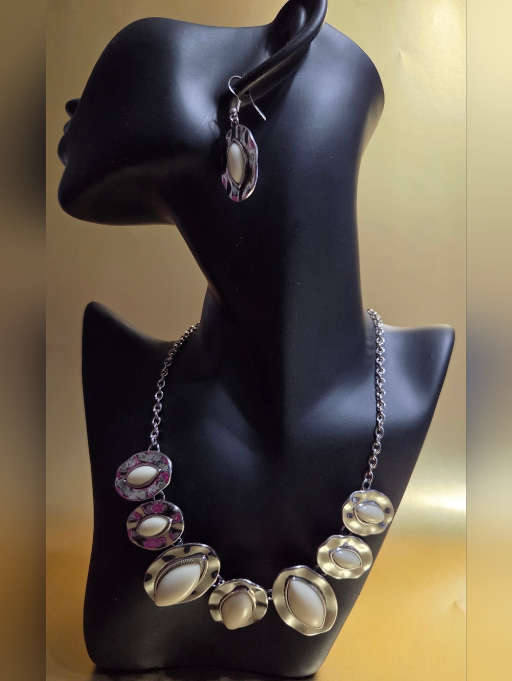 Statement Silver Necklace and Earring Set with Cream Accents